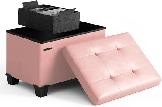 Storage Ottoman Cube with Small Bin, 16-in Square Ottoman with Storage for Living Room and Bedroom, Small Ottomans Foot Rest, Leather Foot Stools Ottomans Max 330lbs, Pink
