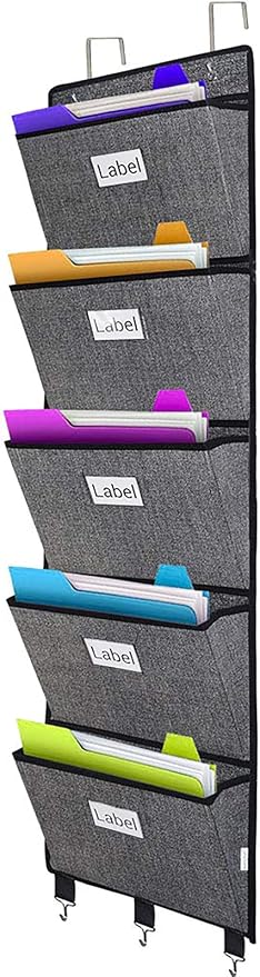 Over the Door File Organizer Hanging File Folders, Wall Organizers and Storage for Mail, Magazine, Notebooks, Planners, Office, Classroom, 5 Extra Large Pockets (Black with Pattern)