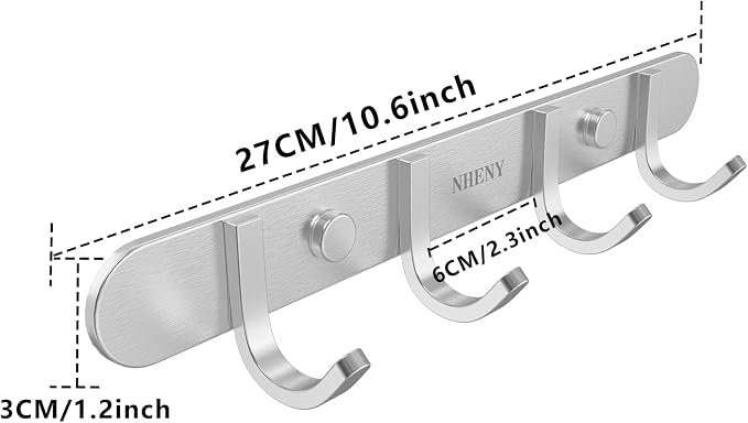 Coat Hook Wall Mount - Towel Hook Rack with 4 Hooks 11-inch Hanger for Hanging Clothes, Bags, Keys, Easy to Install Rail for Bedroom, Bathroom, Entryway, Door, 304 Stainless Steel Brushed Nickel