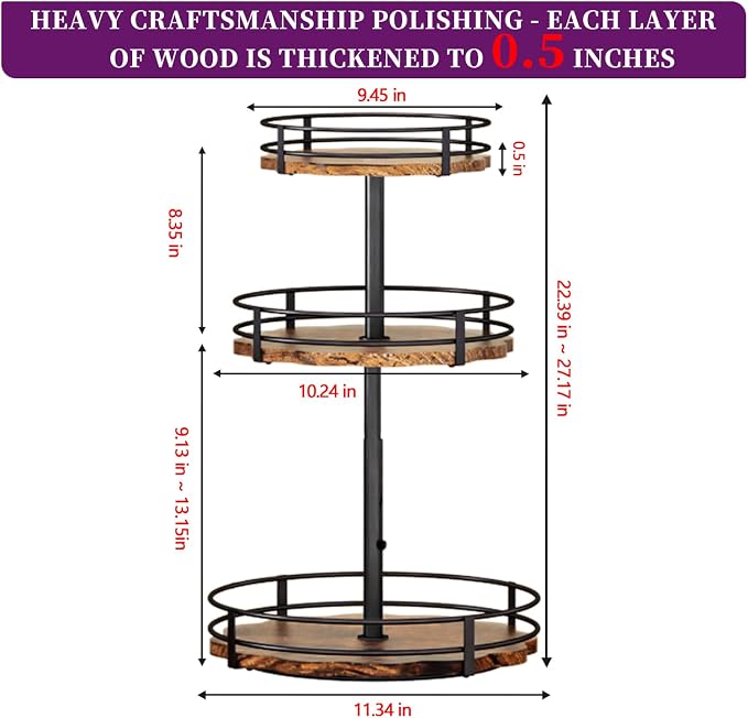 Heavy-Duty 3-Tier Lazy Susan Organizer, Adjustable to Different Heights, Countertop Spice Rack, Upgraded Thickened Wooden Board, Suitable for Seasoning Organizer, Kitchen Organization