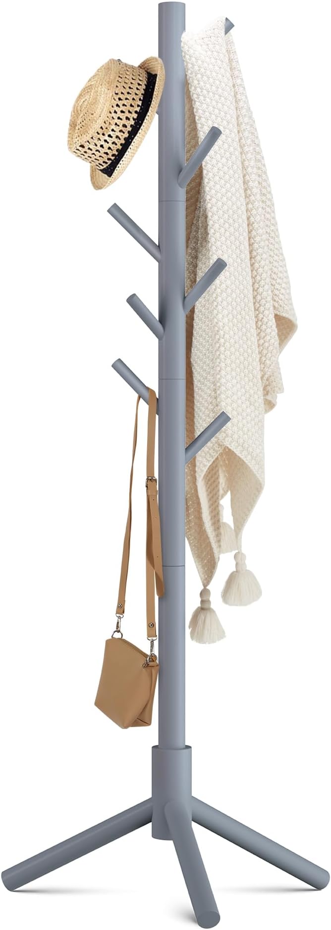 Haddockway Wooden Coat Rack Stand with 8 Hooks New Zealand Pine 3 Adjustable Coat Standing Tree Easy Assembly for Coats, Hats, Scarves and Handbags for Entryway, Hallway, Bedroom, Office