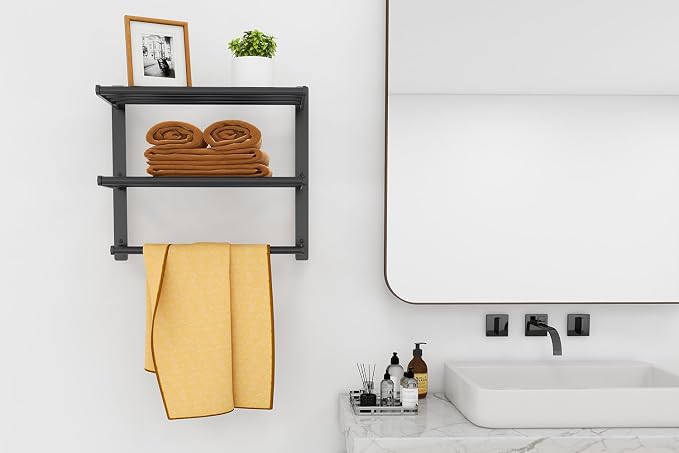 Bethom Bathroom Towel Rack with Bars, 16 Inch Towel Shelf, Matte Black | 3-Tier Hotel Towel Racks for Bathroom Wall Mounted, Bath Towels Storage, Stainless Steel