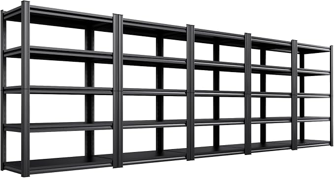 Set of 5 Garage Shelving Heavy Duty Storage Shelves, Metal Adjustable Shelving Unit, Utility Garage Organizer Shelf for Basement, Pantry, Kitchen, Warehouse, 20" D x 46" W x 71.2" H, Black