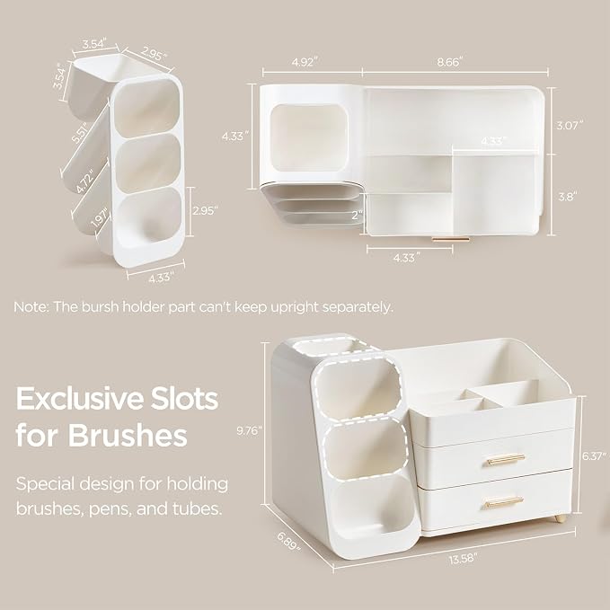 HBlife Desk Organizer with Pen Pencil Holder for Desk, Pen Organizer with 2 Drawers, Desk Organizers and Accessories with 4 Compartments, Desktop Storage for Office Home School Art Supplies, All White