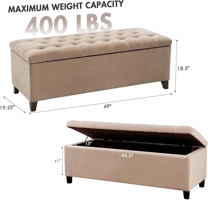 Madison Park 49" Upholstered Storage Bench, Button Tufted End of Bed Bench with Storage, Dual Spring Soft-Close Lid, Bedroom Bench for Queen King Bed, Entryway Living Room, Sand