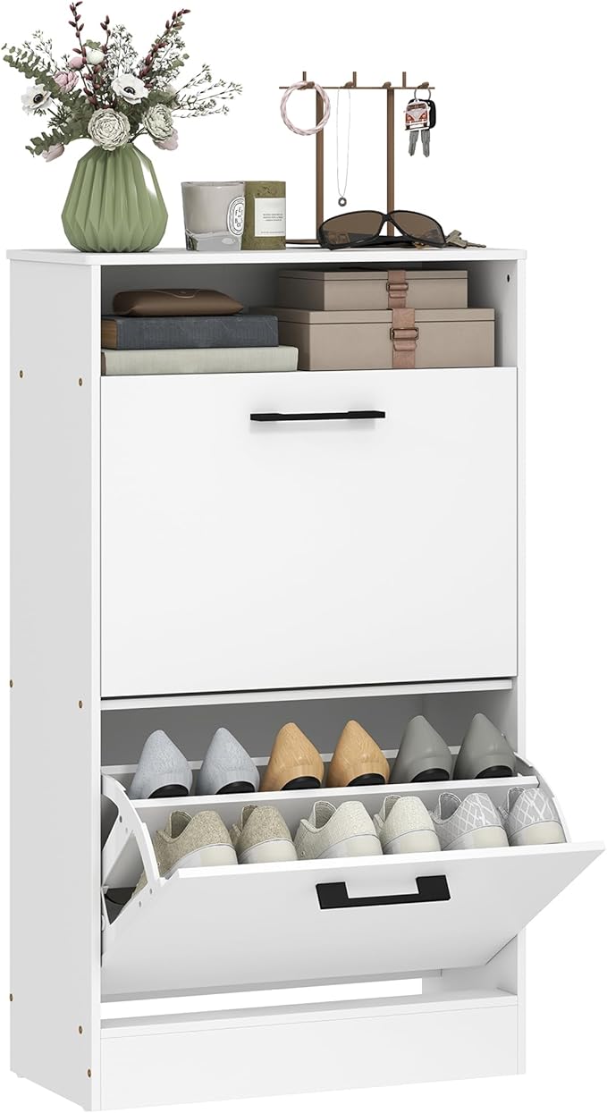 HOMCOM Shoe Cabinet with 2 Flip Drawers, Open Shelf, up to 12 Pairs, White | Narrow Storage Cabinet, Adjustable Dividers, Entryway Shoe Storage Unit, for Hallway