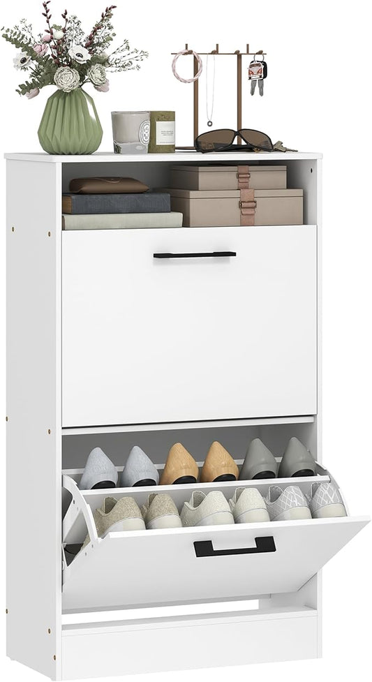 HOMCOM Shoe Cabinet with 2 Flip Drawers, Open Shelf, up to 12 Pairs, White | Narrow Storage Cabinet, Adjustable Dividers, Entryway Shoe Storage Unit, for Hallway