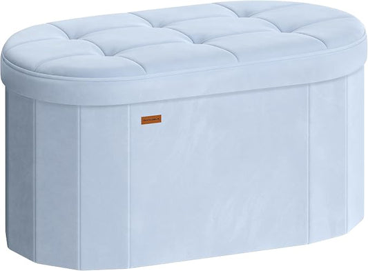 SONGMICS MINOTA Collection - Folding Ottoman with Storage, Oval Storage Ottoman Bench, for Living Room, Bedroom, Velvet Fabric, 15 x 29.9 x 15 Inches, Baby Blue ULSF267QQ01