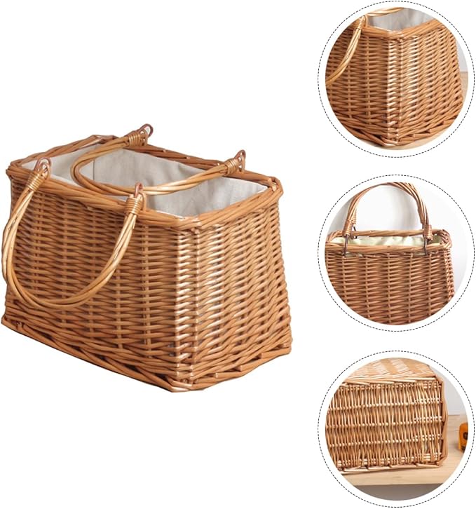 Wicker Storage Basket Handles Handwoven Rattan Organizer for Home Tabletop Use Decorative Wicker Baskets for Blankets and Toys Rustic Style