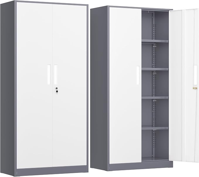 INTERGREAT Metal Storage Cabinet, 72” H Storage Cabinet with Doors and Adjustable Shelves for Office, Home, Garage, Pantry (Assembly Required, Grey White)