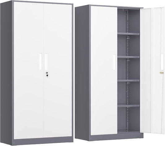 INTERGREAT Metal Storage Cabinet, 72” H Storage Cabinet with Doors and Adjustable Shelves for Office, Home, Garage, Pantry (Assembly Required, Grey White)