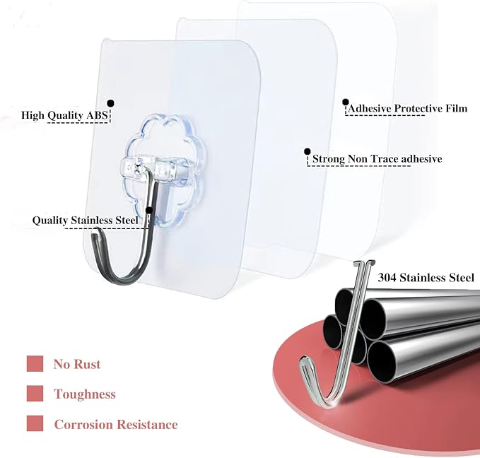DDMY Adhesive Wall Hooks Clear 50lb(Max) Heavy Duty Hanging Sticky-10 Pack | Heavy Duty Hooks for Walls Hanging 50 lbs No Damage, Waterproof Sticky Transparent Ceiling Hook for Towel/Kitchen/Outdoor