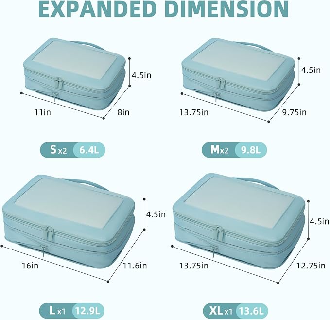 BAGAIL 4 Set/6 Set/8 Set Compression Packing Cubes Travel Accessories Expandable Packing Organizers (Square Mesh, 06-Dusty Blue)