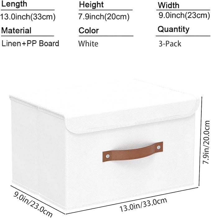 Yawinhe Storage Boxes, Set of 3 Fabric Crates, 13 x 23 x 20 cm, White | Fabric storage for the home; washable crate with handle; folding pang baskets; non-woven baskets for cupboards