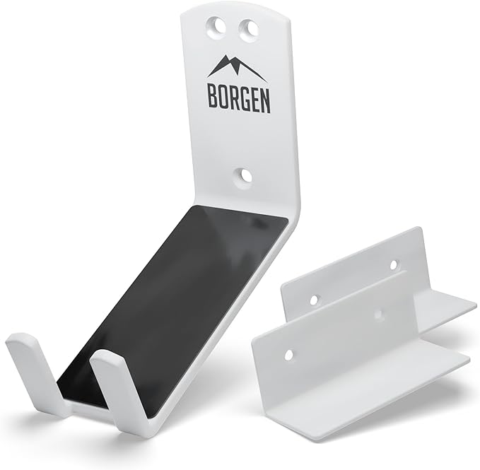 Borgen Wall Mount Pedal Hook for E-Bike & MTB - White | Sturdy support brackets and wall protection pads keep your bike secure, ideal for garage or shed storage indoors safely.