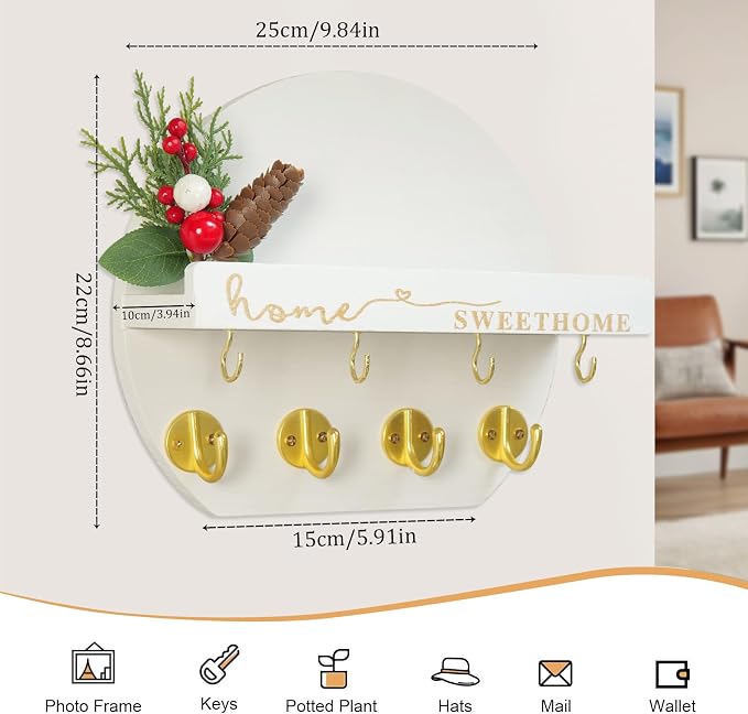 Key Holder for Wall, Key and Mail Holder Organizer - Key Holder Wall Mount with Bouquet Shelf and Key Hooks, Round Wooden Rustic Key Rack for Entryway and Home Decor (White)