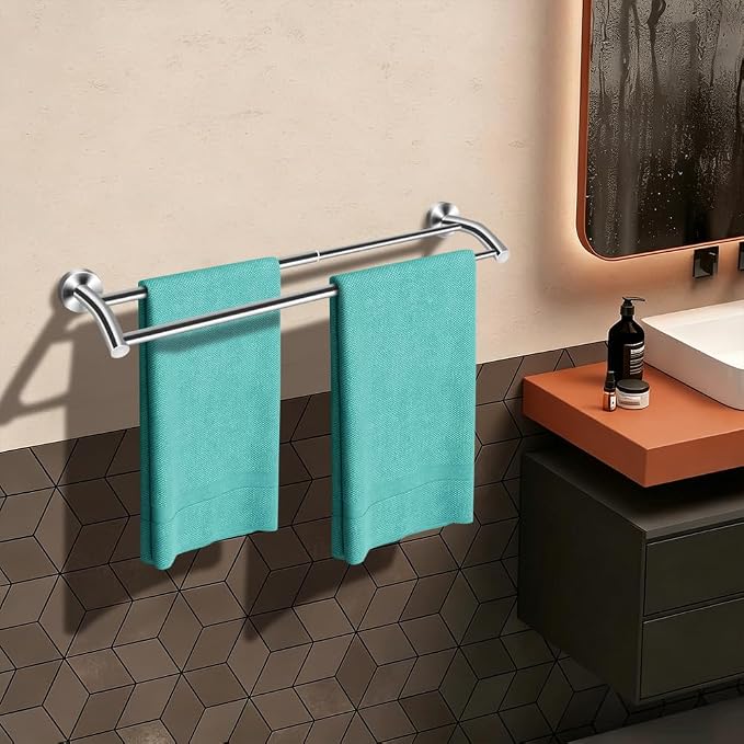 MGahyi Silver Telescopic Double Towel Bar Wall Mount 14.5-24.8Inch | Rustproof Towel Rack with Widened Spacing, Scratch-resistant & Durable for Bathroom Kitchen RV