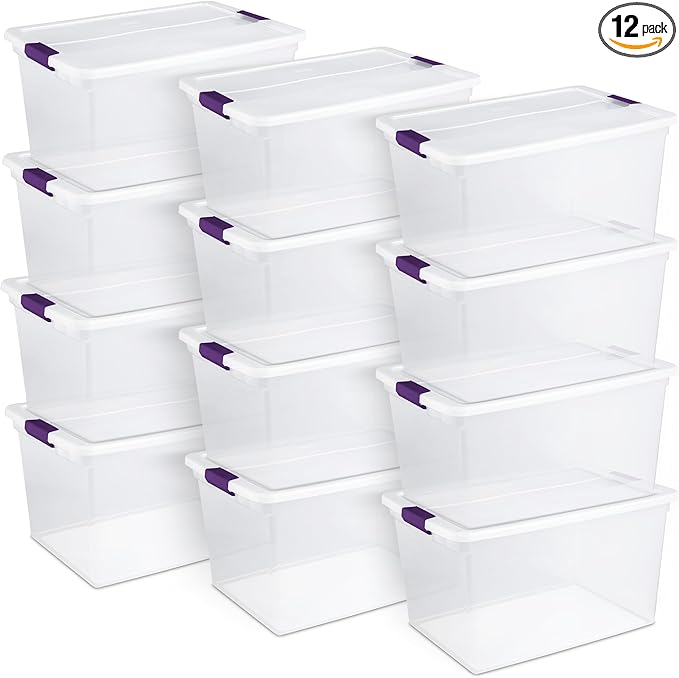 Sterilite 66 Qt ClearView Latch Storage Box, Stackable Bin with Latching Lid, Organize Clothes, Blankets, Items in Closet, Clear Base and Lid, 12-Pack | Clear Plastic Organizers with Color Accent Latches for Closet, Bedroom, Shelving Units, Dorm Room a...
