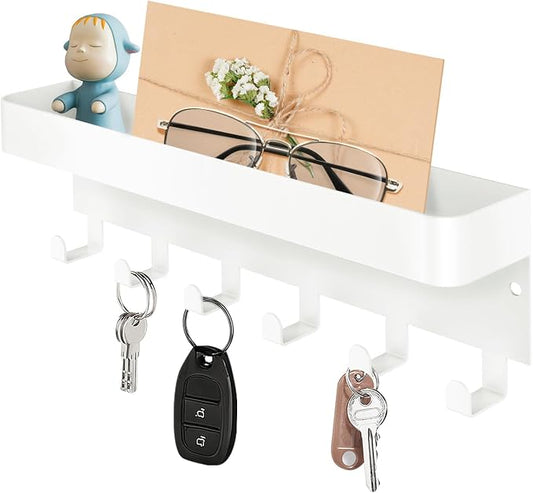 RELBRO Magnetic Key Holder for Fridge, Key Rack with Shelf, White | Metal, Built-in Magnet, Top Tray, 2 Installation Options, Matte Finish, Compact, Key Rack for Refrigerator Camper RV Entryway