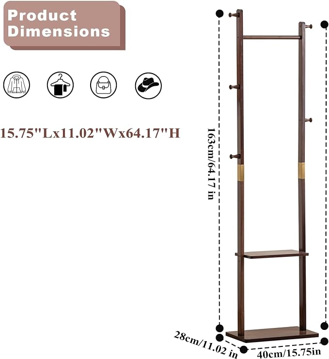 SOBIBO Clothes Rack Solid Wood Coat Rack with Shelves and Hooks – Garment Clothing Rack Coat Rack with Storage for Hallway, Bedroom, Living Room, 15.75 inch, Walnut