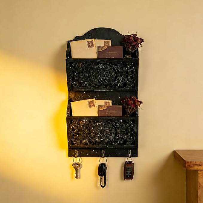 Rustic Key and Mail Holder for Wall Home Decorative,2-Slot Mail Organizer Wall Mount with 3 Hooks, Wooden Key Hangers Wall File Organizer Letter Sorter for Letter Magazines（Black）