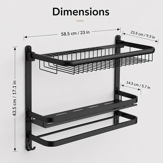 23 Inch Towel Rack for Bathroom with 3 Tier Shelf Double Bar Hook (Black) | 90 Degree Foldable Top Design, Wall Mounted Storage Shelf of 304 Stainless Steel, No Drill or Screw Installation