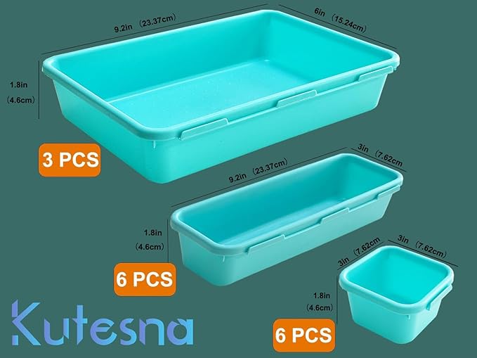 Kutesna 15PCS Interlocking Drawer Organizer, Plastic Desk Organizer Set | 3-Size Versatile Storage Bins,BPA-free,Non-slip, Fits Any Drawer for Cosmetics,Bathroom, Tools,Kitchen and Office（Blue&Green）