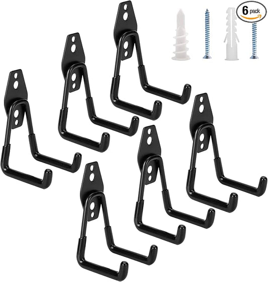 6 Pack Garage Hooks Heavy Duty - Supports 100 lbs | Utility Steel Garage Hanger & Organizer for Organizing Garden Lawn Tools, Ladders, Garden Hose, Digging Shovel, Bikes, Ropes