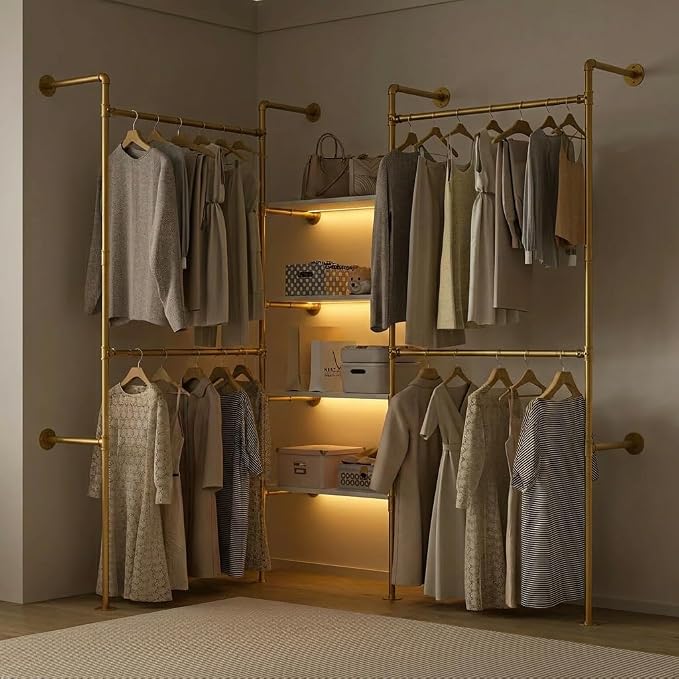 Industrial Pipe Clothing Rack with LED Lights& Shelves,Gold | Heavy Duty Adjustable Garment Hanger with Shelves, 2 Installation Methods Closet Storage System for Wardrobe Organization