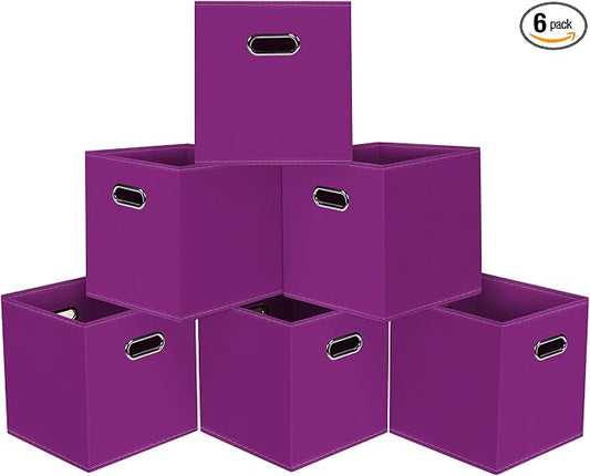 Black Foldable Storage Cubes Bins, Fabric Storage Box Cubes Organizer Baskets with Dual Handles for Home Organizer,Set of 6,(Purple)