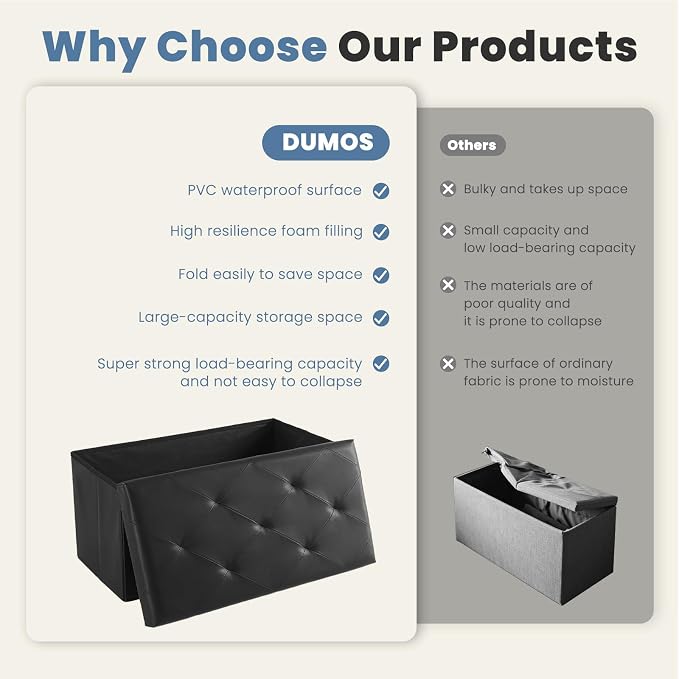 DUMOS 30 Inch Folding Ottoman with Storage Bench, Foot Rest Stool Ottoman | Upholstered End of Bed Storage Bench, Storage Ottoman Loads 660 Lbs for Bedroom, Living Room, Synthetic Leather, Black