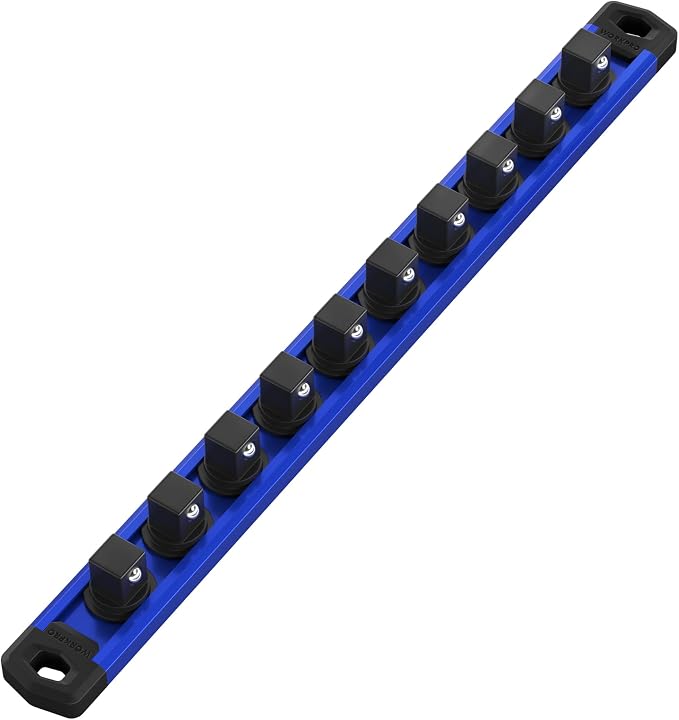 WORKPRO Magnetic Socket Organizer, Heavy Duty 3/8-Inch Drive Socket Rail | 1 Piece Socket Holder with 10 Spots, Aluminum Alloy, Rotatable & Movable Clips, Efficient Organization
