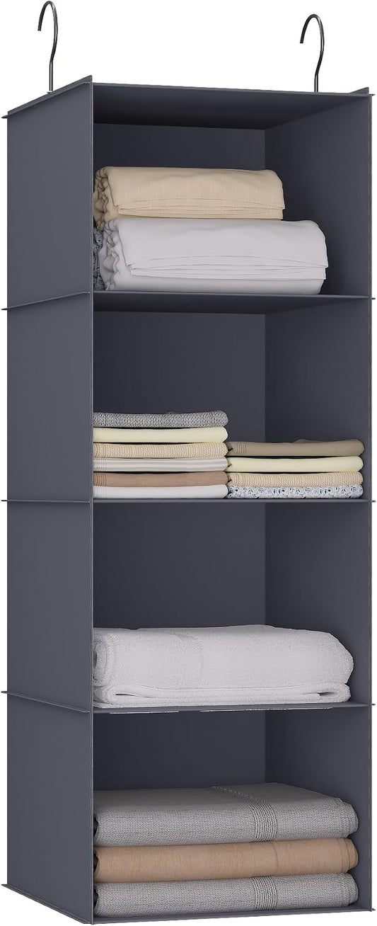 Hanging Closet Organizer 4-Shelf, Oxford Fabric Wardrobe Storage, Dark Grey | Easy-mount foldable design holds clothes, handbags, shoes & accessories; washable Oxford fabric, sturdy and space-saving.