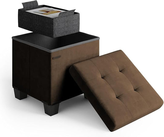 Storage Ottoman Cube with Small Bin, 15-in Square Ottoman with Storage for Living Room and Bedroom, Small Ottomans Foot Rest, Velvet Foot Stools Ottomans Max 330lbs, Brown