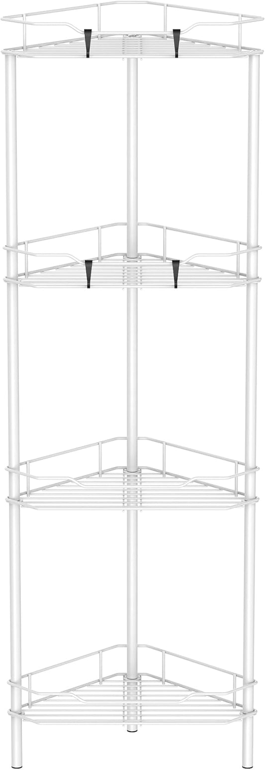 HuggieGems 4 Tier Floor Standing Corner Shower Caddy Organizer Shelf with Hooks, Bathroom Shelves Stand Rack, White