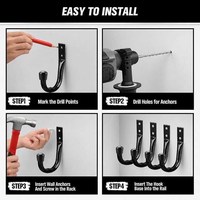 24-piece Heavy Duty Garage Storage Hooks, Bike Hooks for Garage Wall, Utility Garage Hooks, Wall Mount J Hook for Hanging, Large Metal Storage Organizer Tool, Extension Cord Hanger