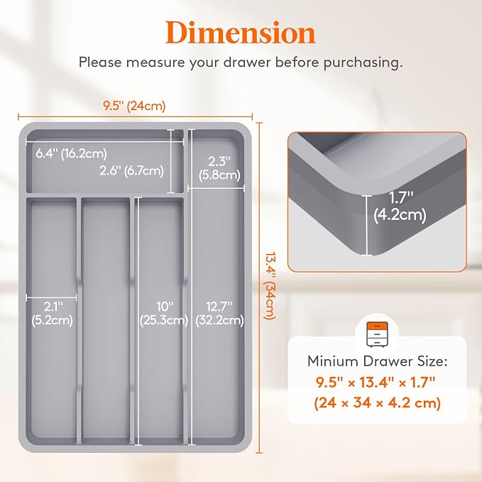 Lifewit Silverware Drawer Organizer Tray, Plastic Cutlery Storage for Kitchen, Flatware and Utensil Holder Divider for Spoons Forks Knives Tableware, 9.5 x 13.4", 5 Slots, Gray