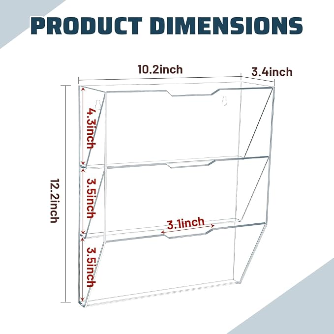 Chunful 3 Tier Mail Sorter Wall Letter Holder Clear Acrylic Wall Mounted Mail Organizer Hanging File Envelope Pocket Plastic Mount Document Holder for Home Office Entryway