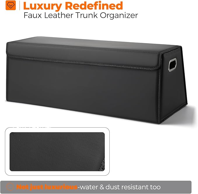 Fyzeoty Car Trunk Organizer for SUV and Sedan, Trapezoidal-Black, 29.5 in | Tailored for Rear Seats, Extra Large, Leather Storage Box, Magnetic Lid, Collapsible & Adjustable, Water‑Resist & Dust‑Proof