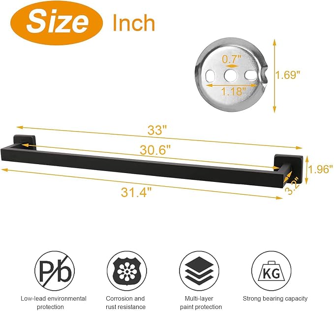 TocTen Bath Towel Rack - Square Base Thicken SUS304 Stainless Steel Towel Bar for Bathroom, Bathroom Accessories Towel Rod Heavy Duty Wall Mounted Towel Holder. (Black, 33)