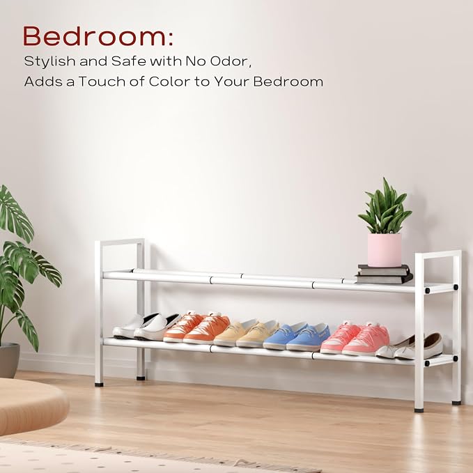 Bumusty 2 Tier Long Expandable Shoe Rack for Closet, White | 18"-44" Adjustable Shoe Rack for Entryway, Shoe Organizer for Dorm, Front Door, Sturdy Metal