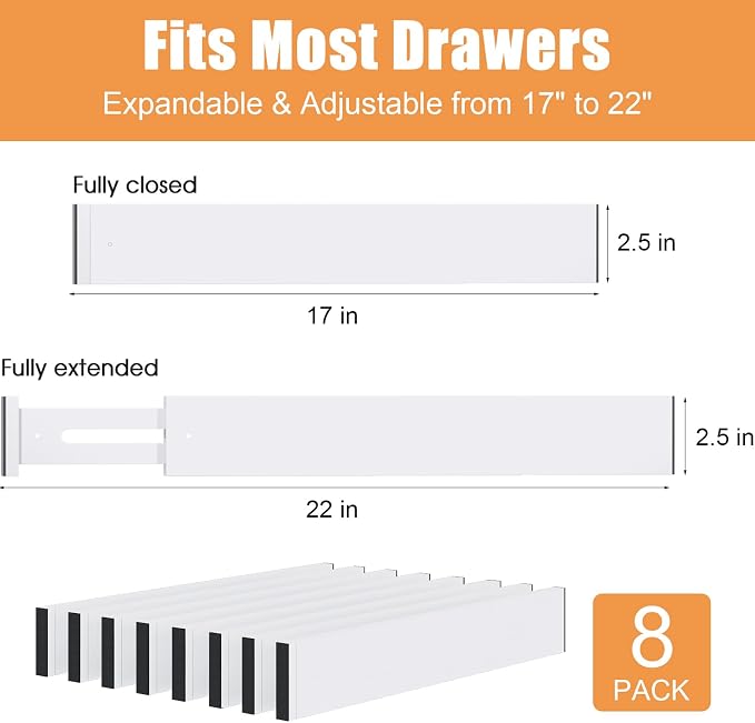 Bamboo Drawer Dividers, Adjustable Drawer Organizers, Fits 17.6–21" Drawers | 2.5" High, 8 Pack Expandable Drawer Separators for Kitchen, Nursery, Dressers & Office Storage, White