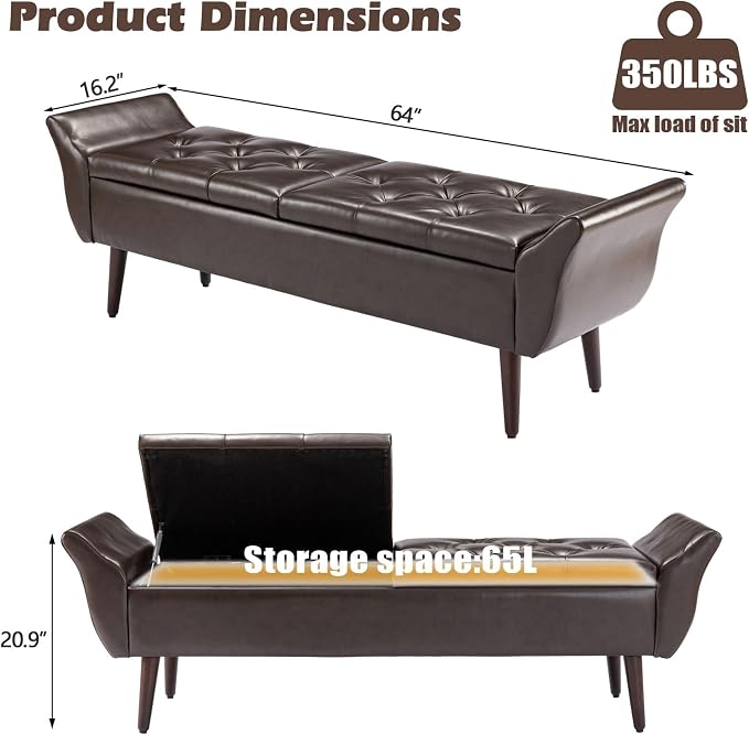 Storage Ottoman Bench 64’’Length 65L Faux Leather End of King Bed Bench
