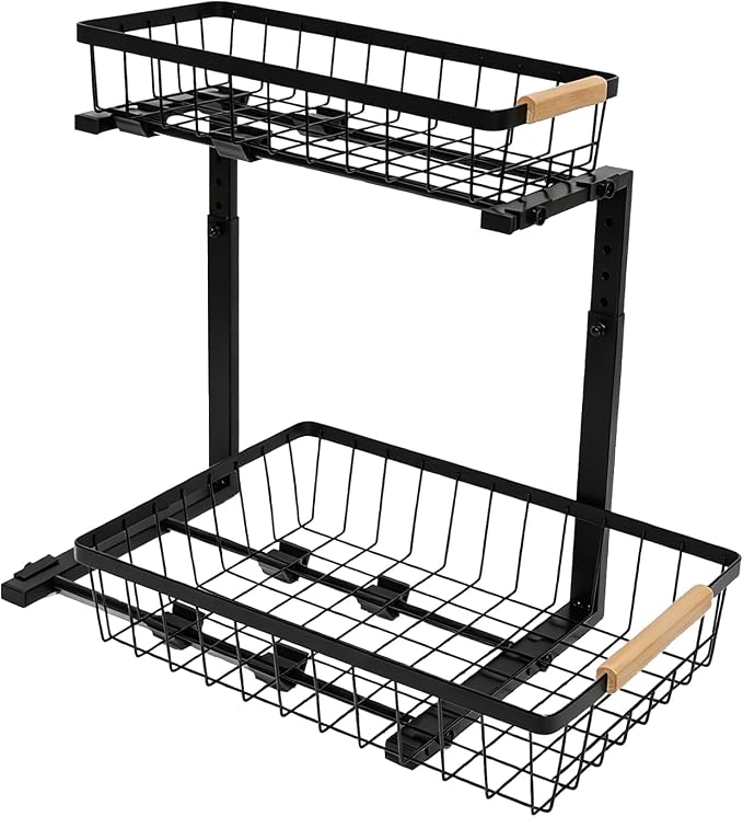 2-Tier Pull-Out Under Sink Organizer, Height Adjustable Sliding Shelf, Heavy Duty Carbon Steel, Wooden Handle & Suction Cup Base, Rust-Proof & Anti-Shake, for Kitchen Bathroom, Black (black)
