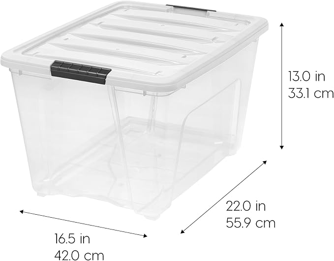 IRIS USA 6-Pack 54 Quart Storage Bins with Lids, Clear/White | Removable dividers organize tools, pantry goods, and household supplies. Stackable design saves space