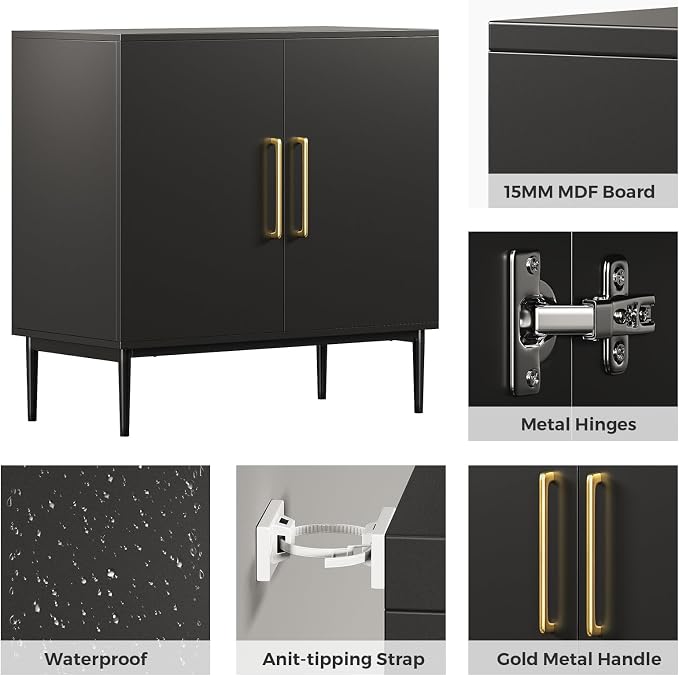 Set of 4 Black Storage Cabinet with Doors, Modern Accent Cabinet, Free Standing Cabinet with Adjustable Shelf, Wooden Buffet Sideboards for Living Room, Kitchen, Dining Room, Entryway
