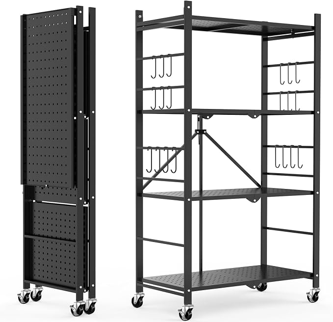 Himix 4-Tier Foldable Storage Shelf with Wheels 20 Hooks Black No Assembly | Metal collapsible organization, Folding storage rack, Wire shelving, Unit Rolling Cart, Kitchen, Garage, Holds 352 Ibs