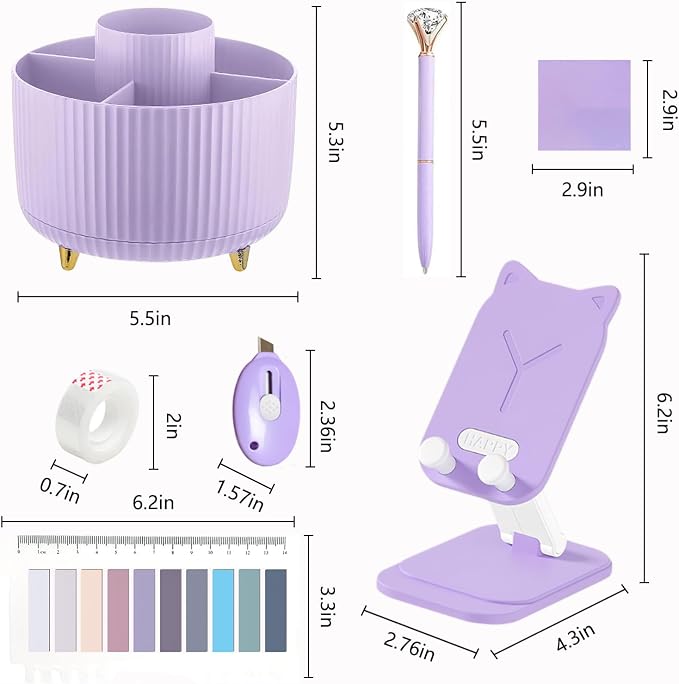 Office Supplies,Purple Desk Accessories,Desk Organizer,Phone Stand,Scissors,Stapler,Tape Dispenser,Binder clips,Staples,staple remover,Sticky Notes,Index Tabs,Clear Tape,Mini Box Cutter,Cool Pen.16pcs
