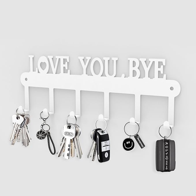 Key Holder for Wall - 'Love You Bye' Key Hooks, White, 6 Hooks | Key Holder Wall Mount Self Adhesive, Key Rack Wall Mount for Wall No Drill for Living Room, Kitchen, Bathroom, Garage