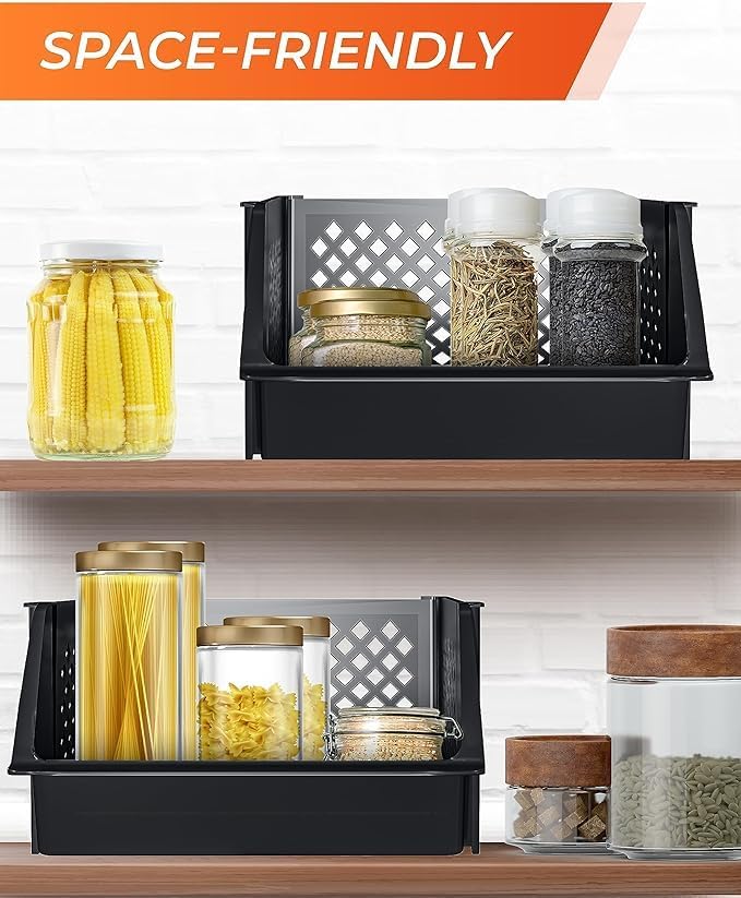 Large Stackable Storage Bins Open Front for Pantry Storage, 6 Pack - Black | Sturdy Plastic, Easy Stacking, Open Front Access, Ventilated Sides, Vertical & Space Saving Pantry Organizers and Storage Bin